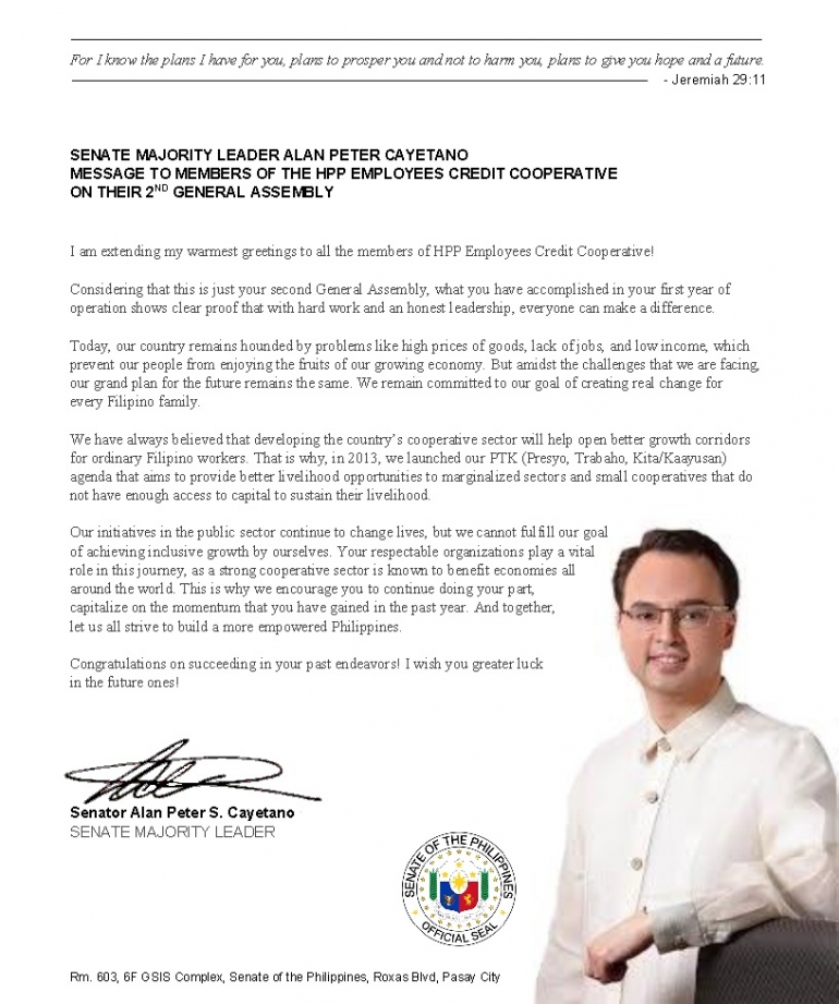 Senator Alan Peter Cayetano Sends Message to HPPECC